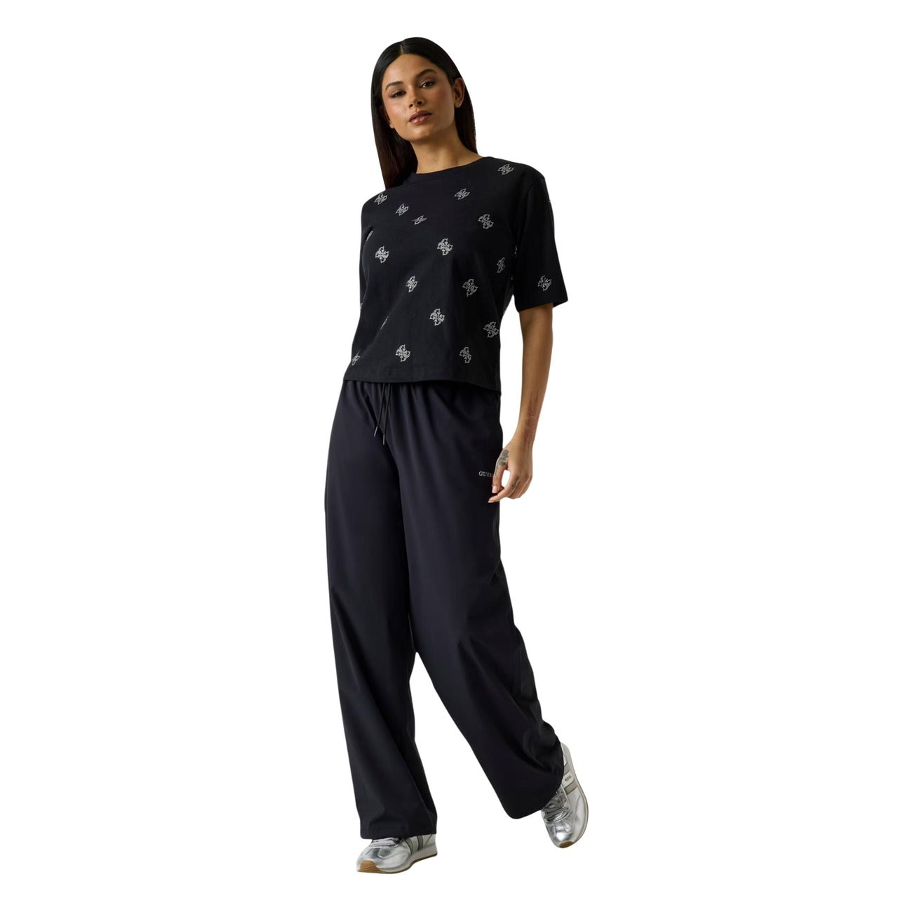 Guess T Shirt Donna Nero Cotone Manica Corta Scollo Tondo Con Strass