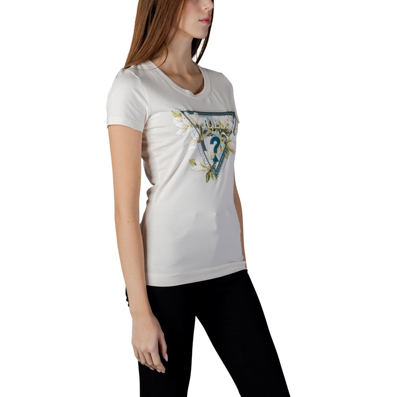 Guess T Shirt Donna Beige Stampa Triangle Strass Cotone 95 Primavera Estate
