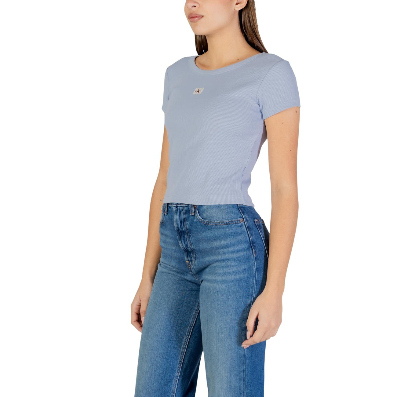 Calvin Klein Jeans T Shirt Donna Blu Maniche Corte Scollo Tondo Cotone Elastan
