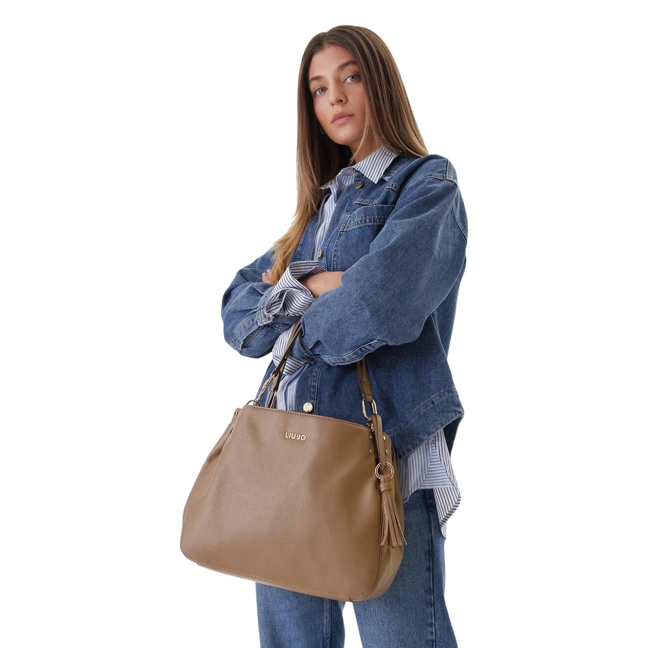 Liu Jo Borsa Donna Satchel Cammello Con Zip E Bottoni Automatici