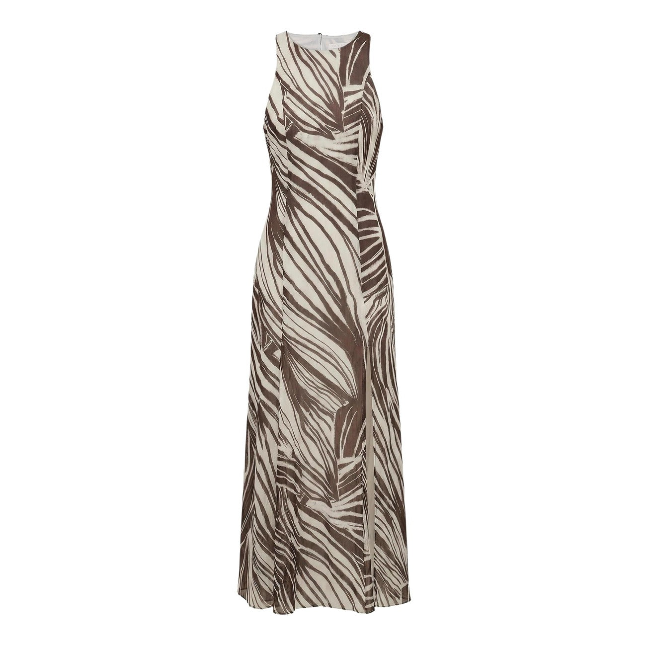 Guess Abito Long Dress Donna Smanicato In Mesh Marrone Stampato Primavera Estate