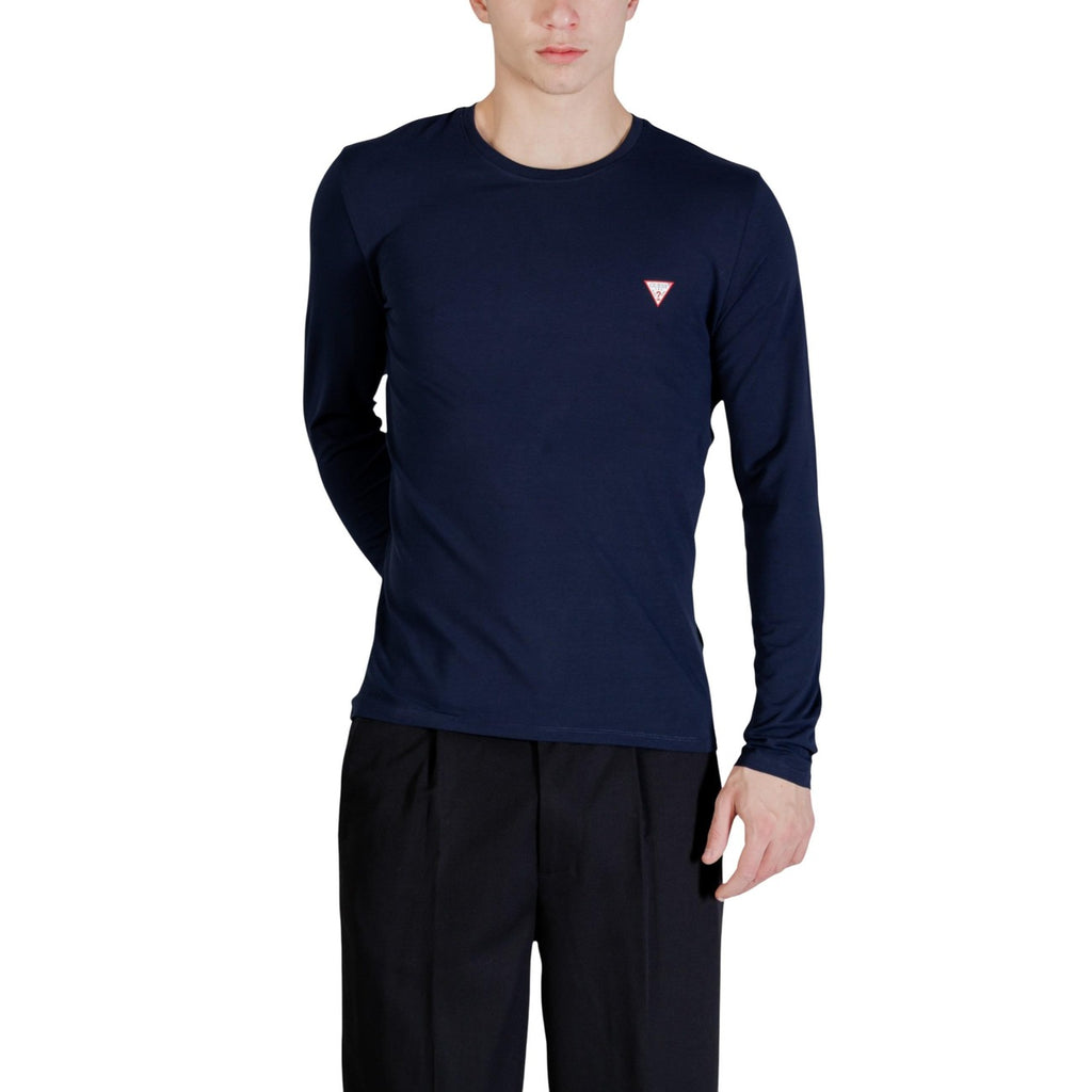 Guess T Shirt Uomo Maniche Lunghe Blu Girocollo Cotone Elastan