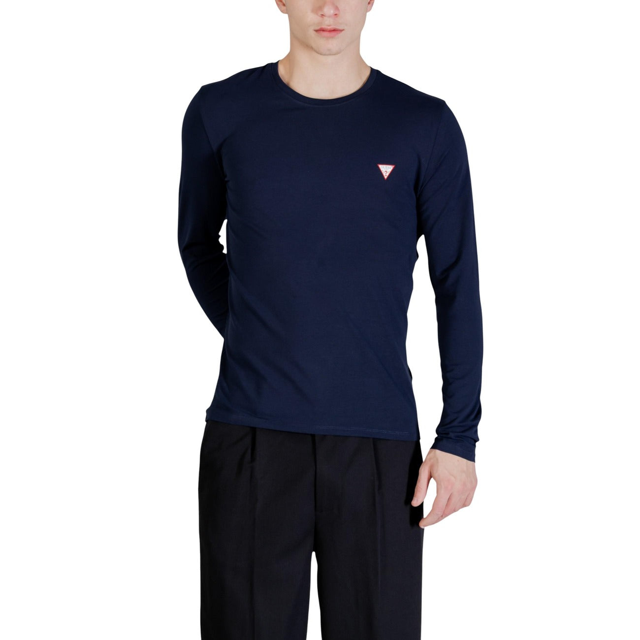 Guess T Shirt Uomo Maniche Lunghe Blu Girocollo Cotone Elastan