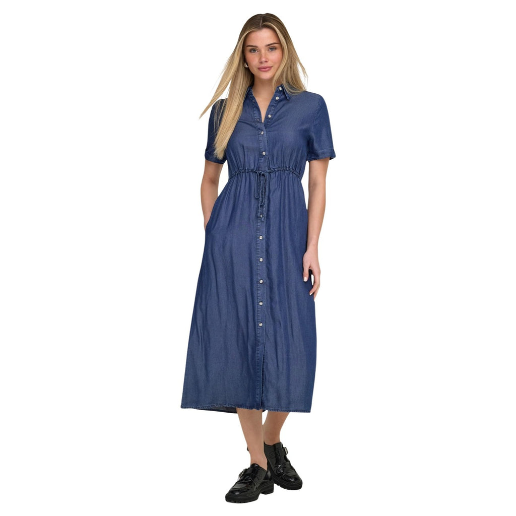 Only Abito Midi Blu Donna Con Cintura Bottoni Maniche Corte