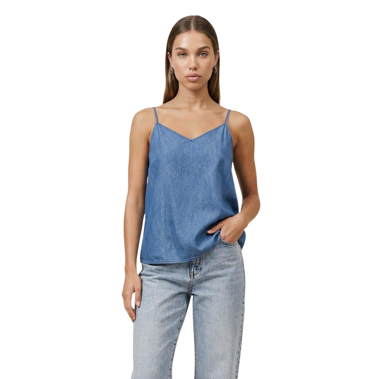 Only Canotta Donna Cotone Blu Scollo A V Spalline Primavera Estate