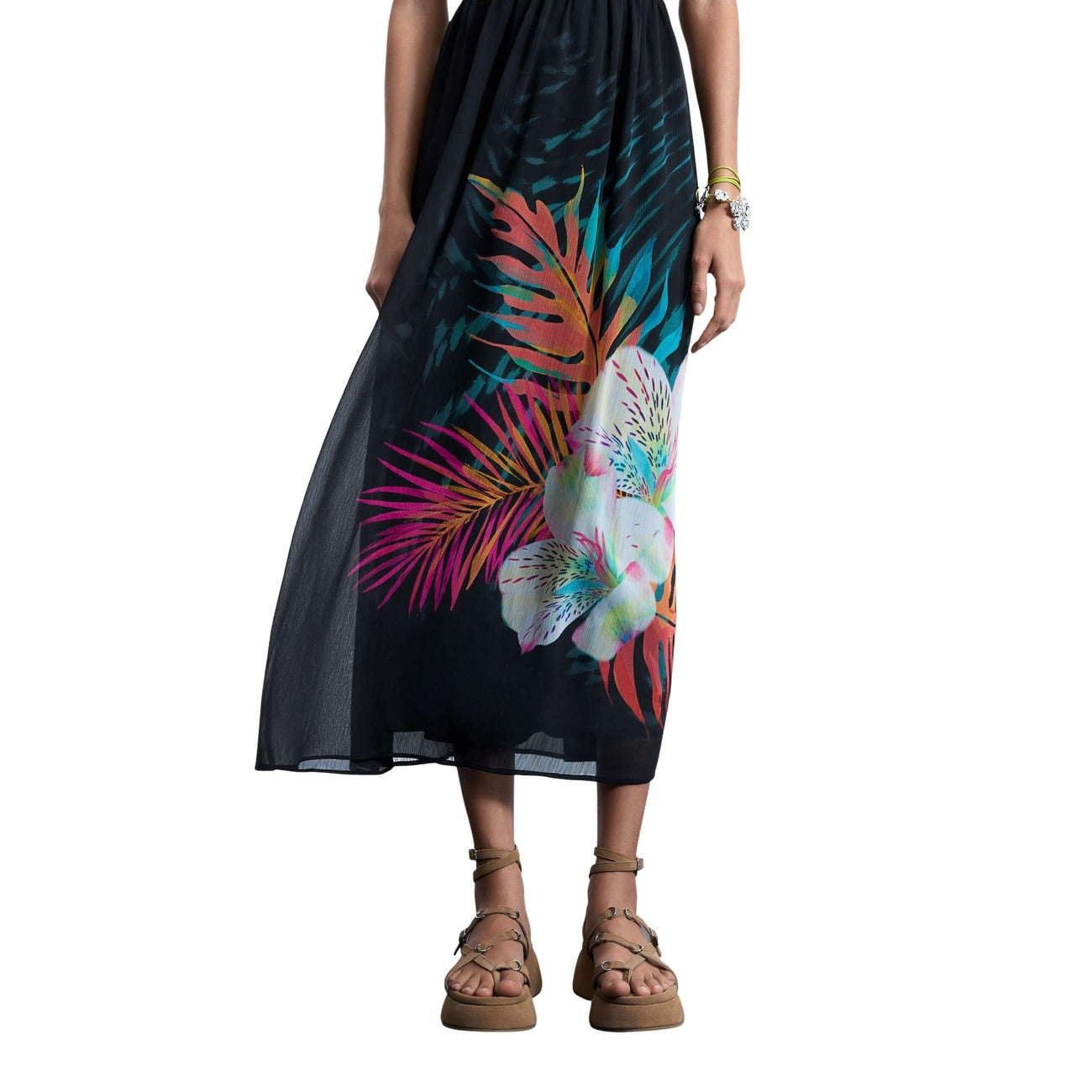 Desigual Abito Nero Floreale Viscosa Scollo Tondo Spalline Primavera Estate