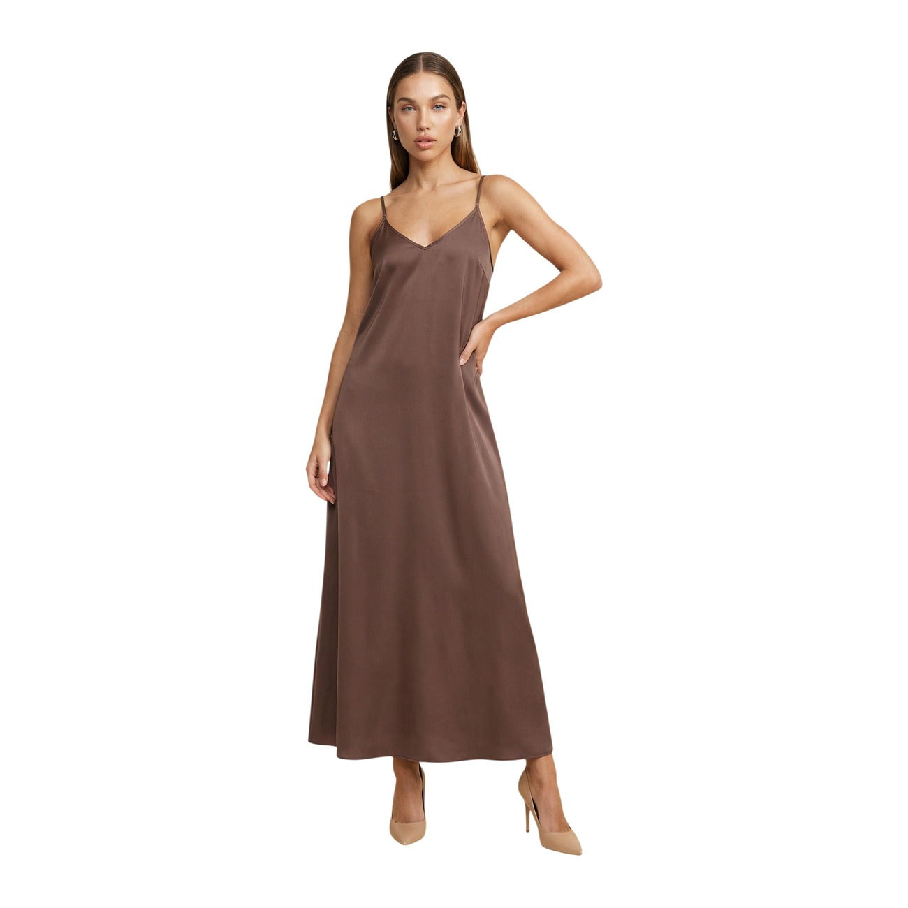 Only Abito Lungo Donna Marrone Spalline Scollo A V Primavera Estate