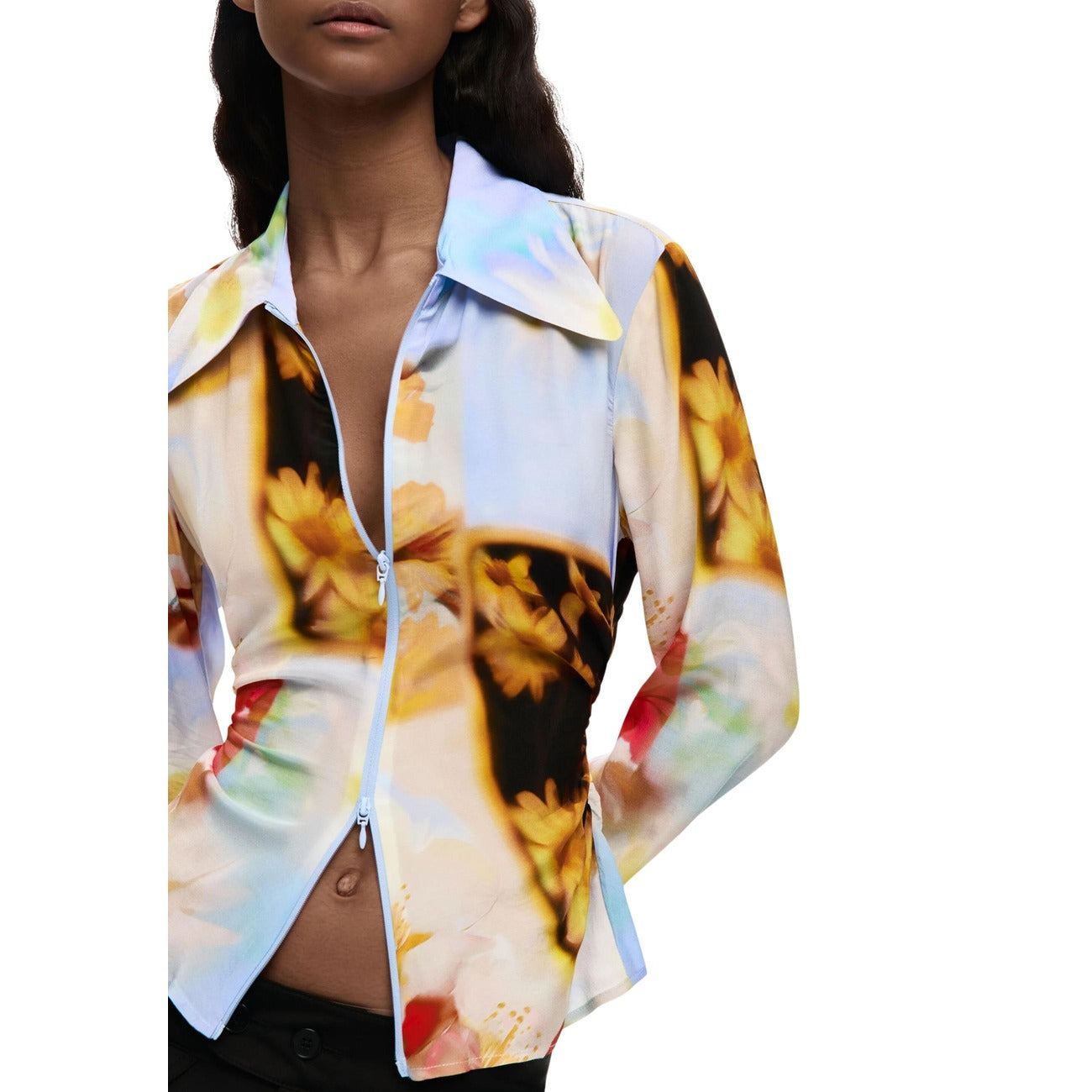 Desigual Camicia Donna Gialla Floreale Manica Lunga Con Cerniera