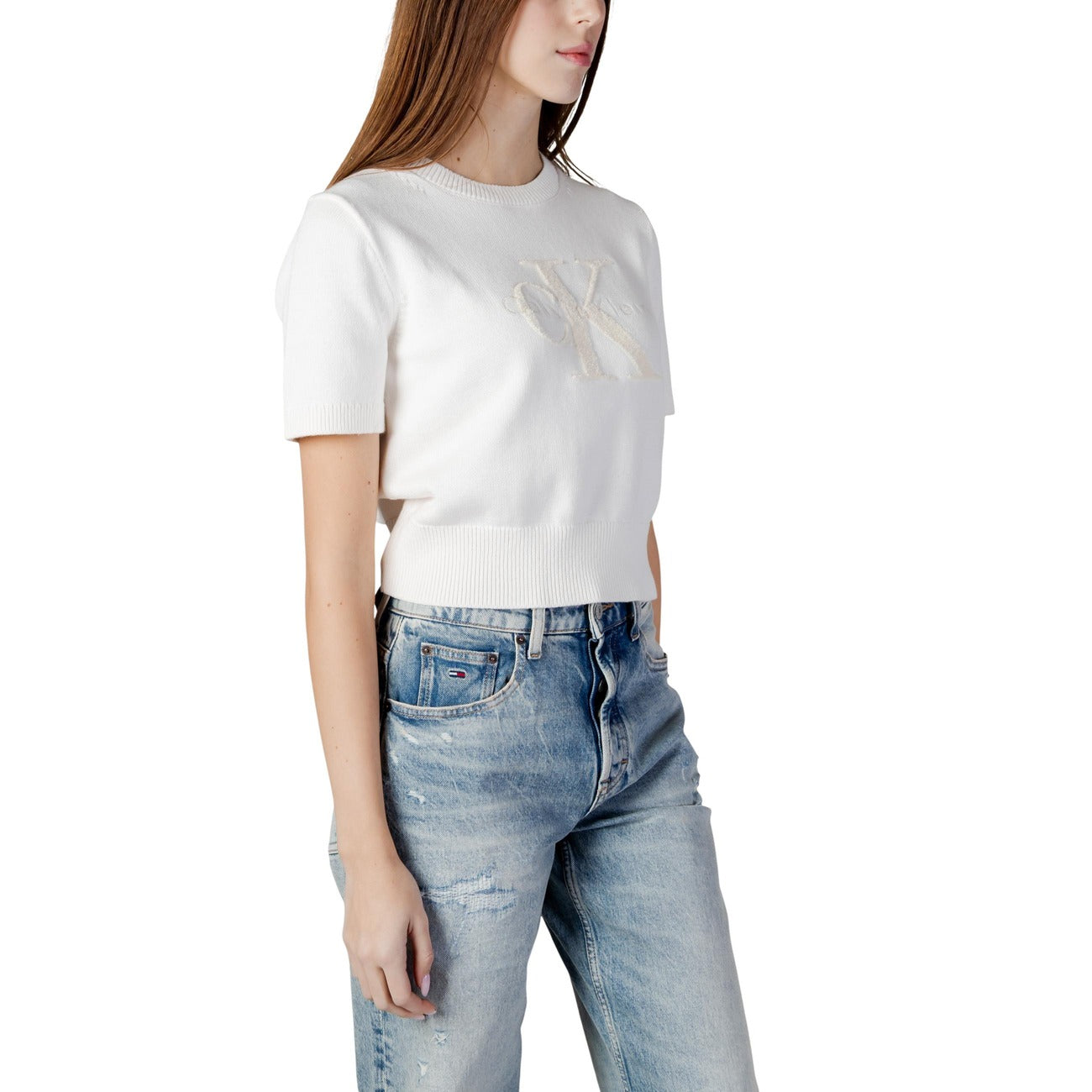Calvin Klein Jeans Maglia Donna Cotone 100 Beige Maniche Corte Scollo Tondo