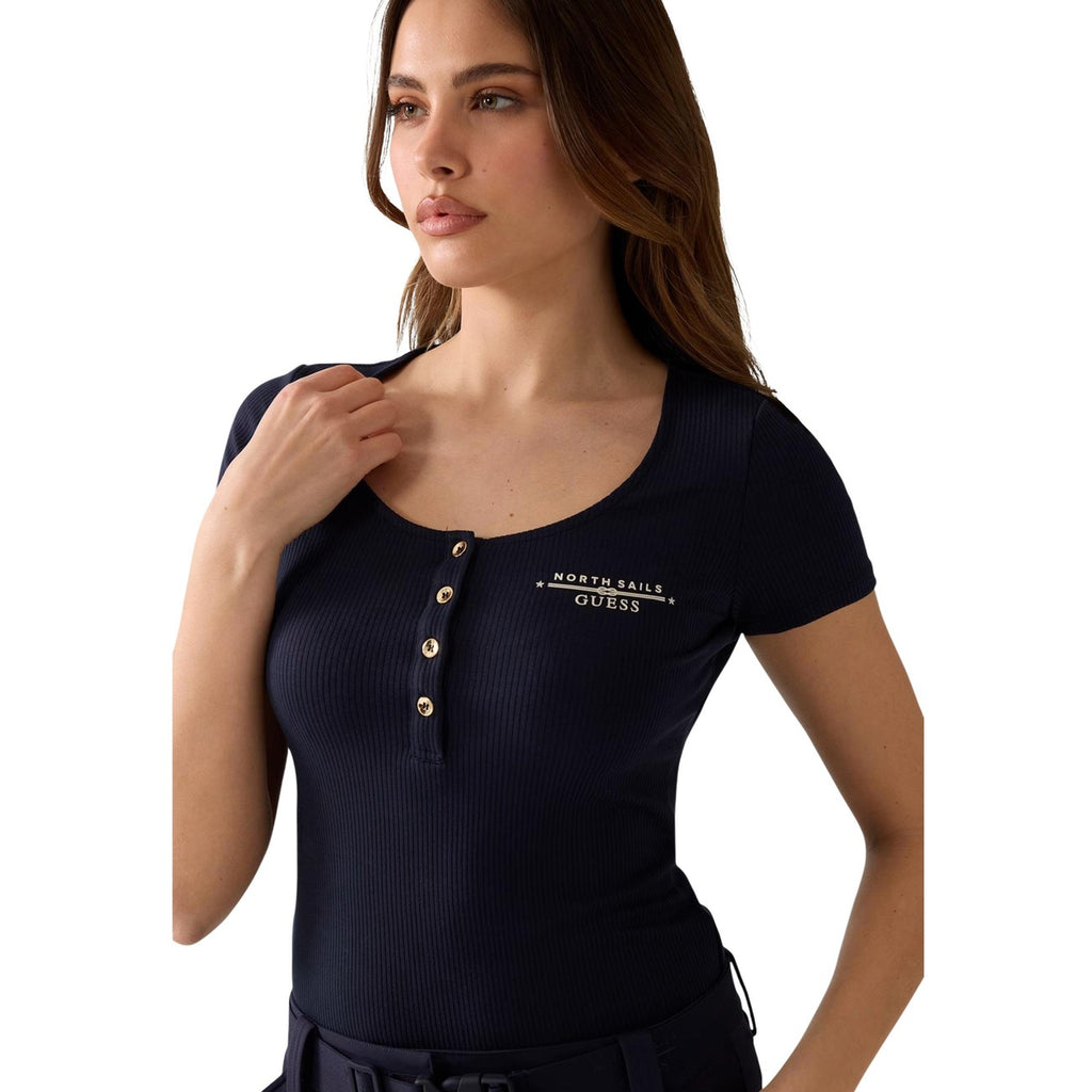 Guess T Shirt Donna Blu Maniche Corte Scollo Tondo Con Bottoni