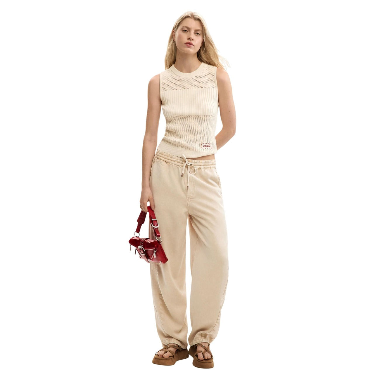 Desigual Top Donna Beige Smanicato Girocollo Cotone Poliammide