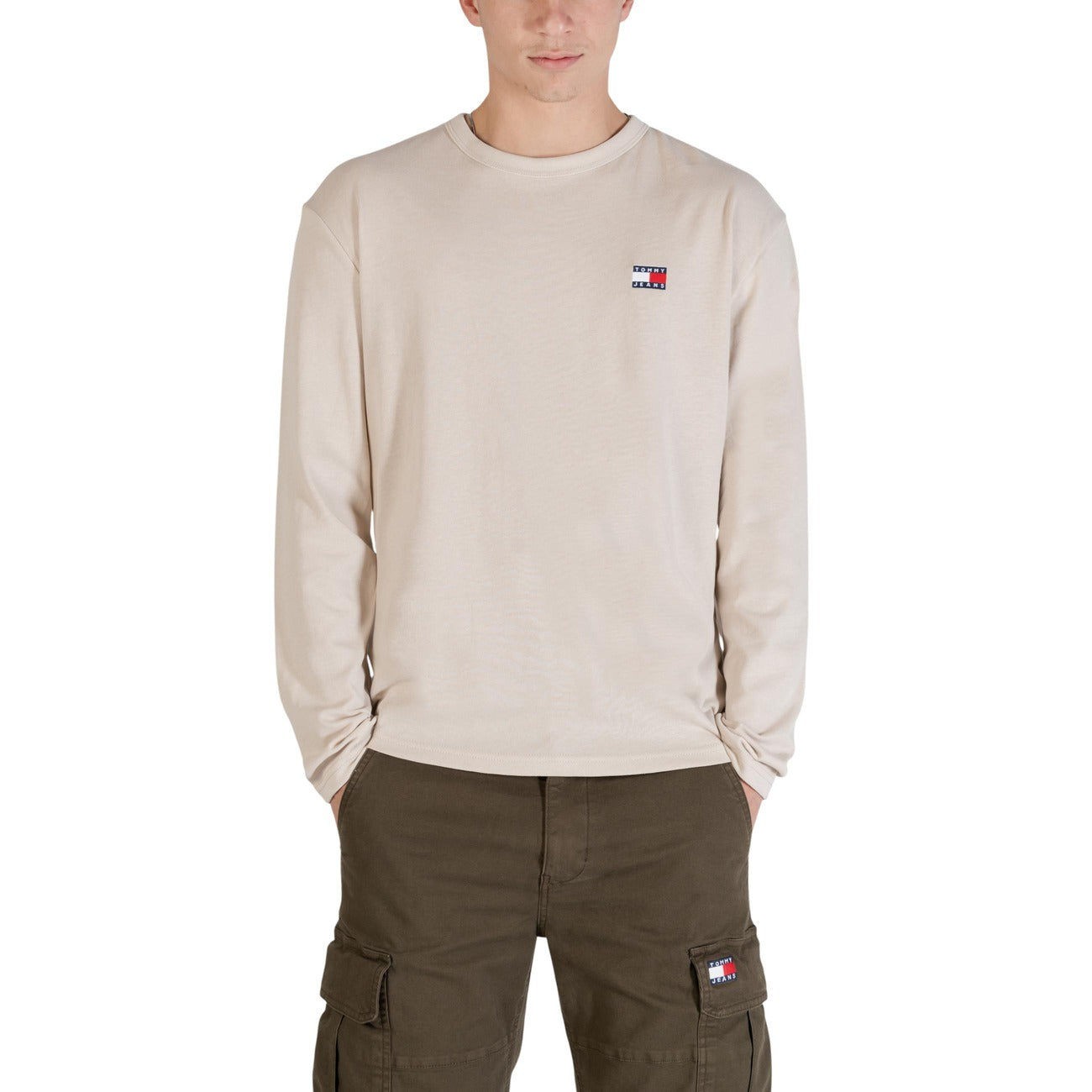 Tommy Hilfiger Jeans T Shirt Uomo Maniche Lunghe Beige Cotone Organico