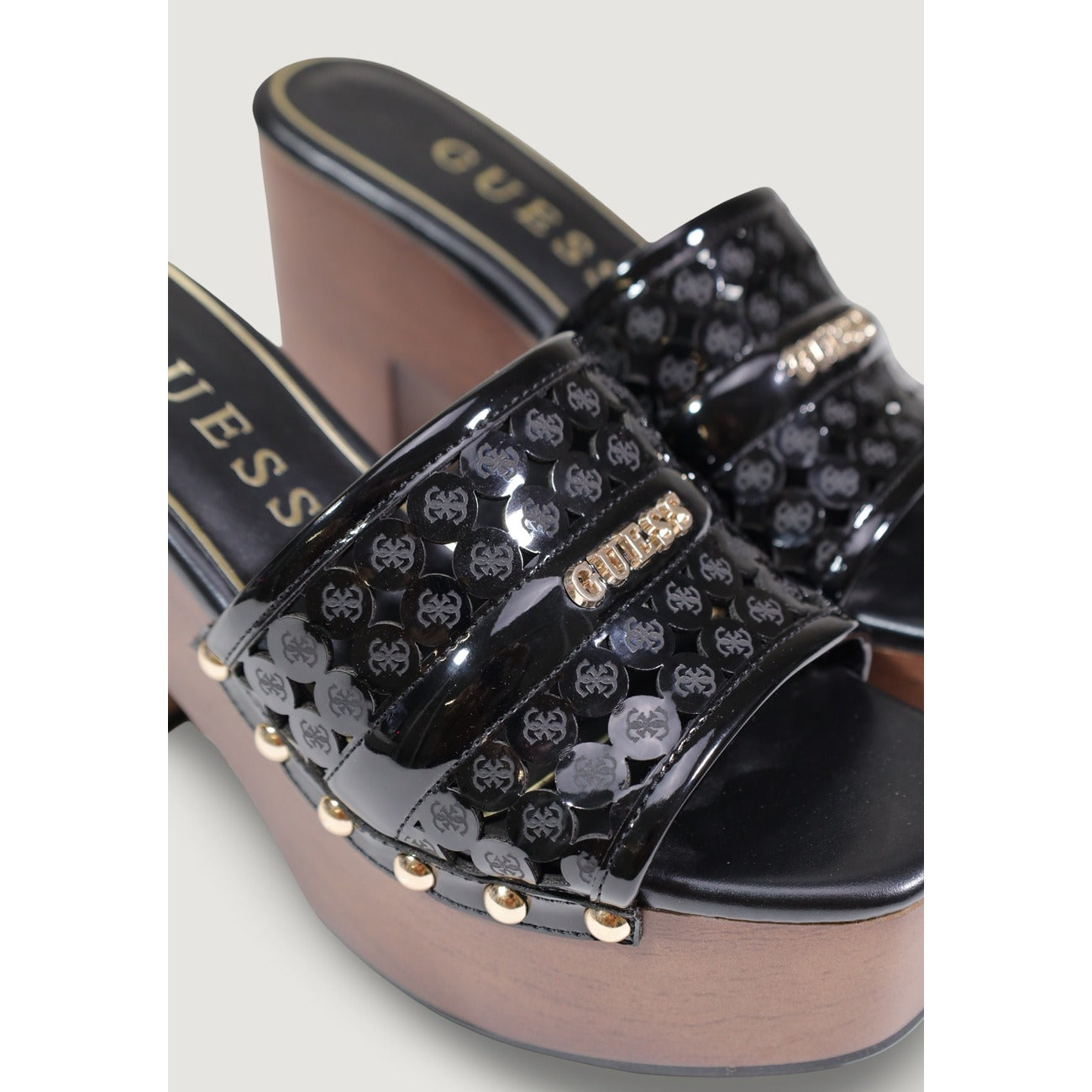 Guess Ciabatte Donna Nero Plateau Tacco Largo Interamente Poliuretano