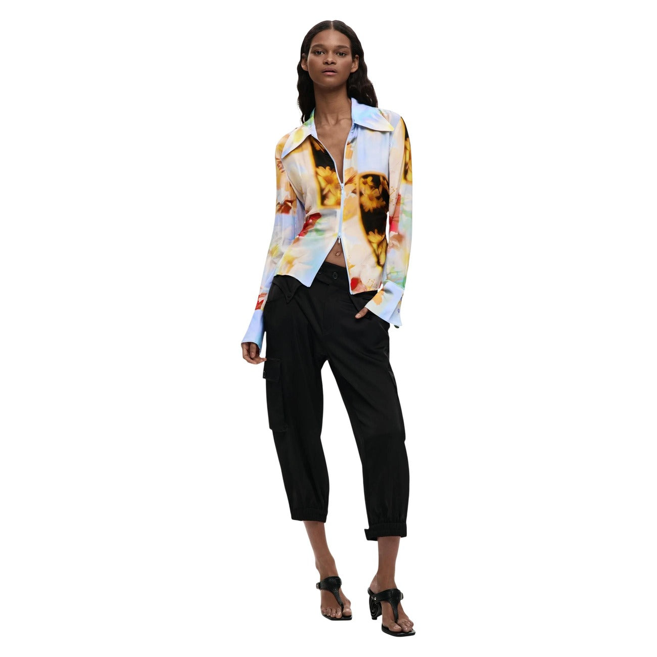 Desigual Camicia Donna Gialla Floreale Manica Lunga Con Cerniera