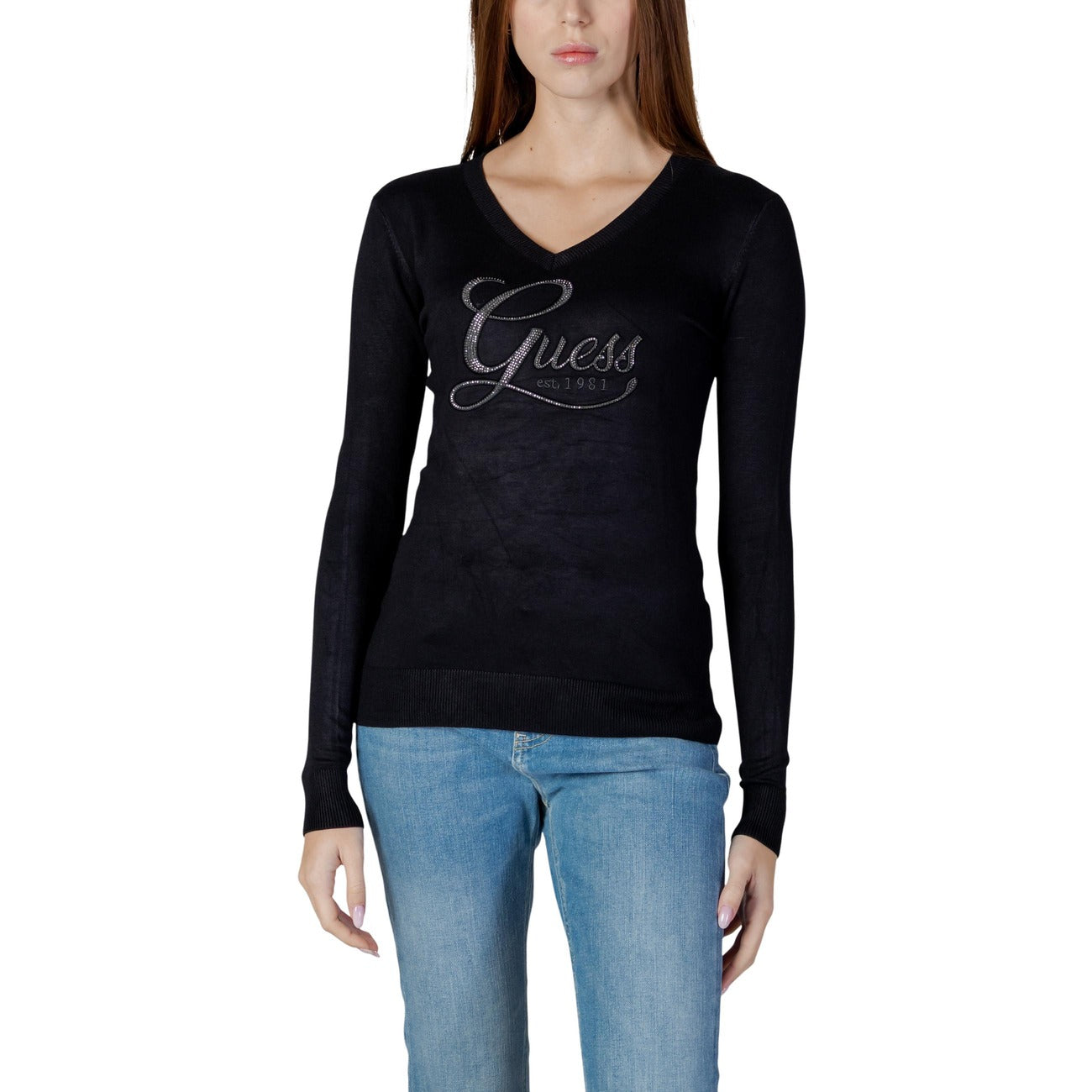 Guess Maglia Donna Beige Maniche Lunghe Scollo A V Con Strass