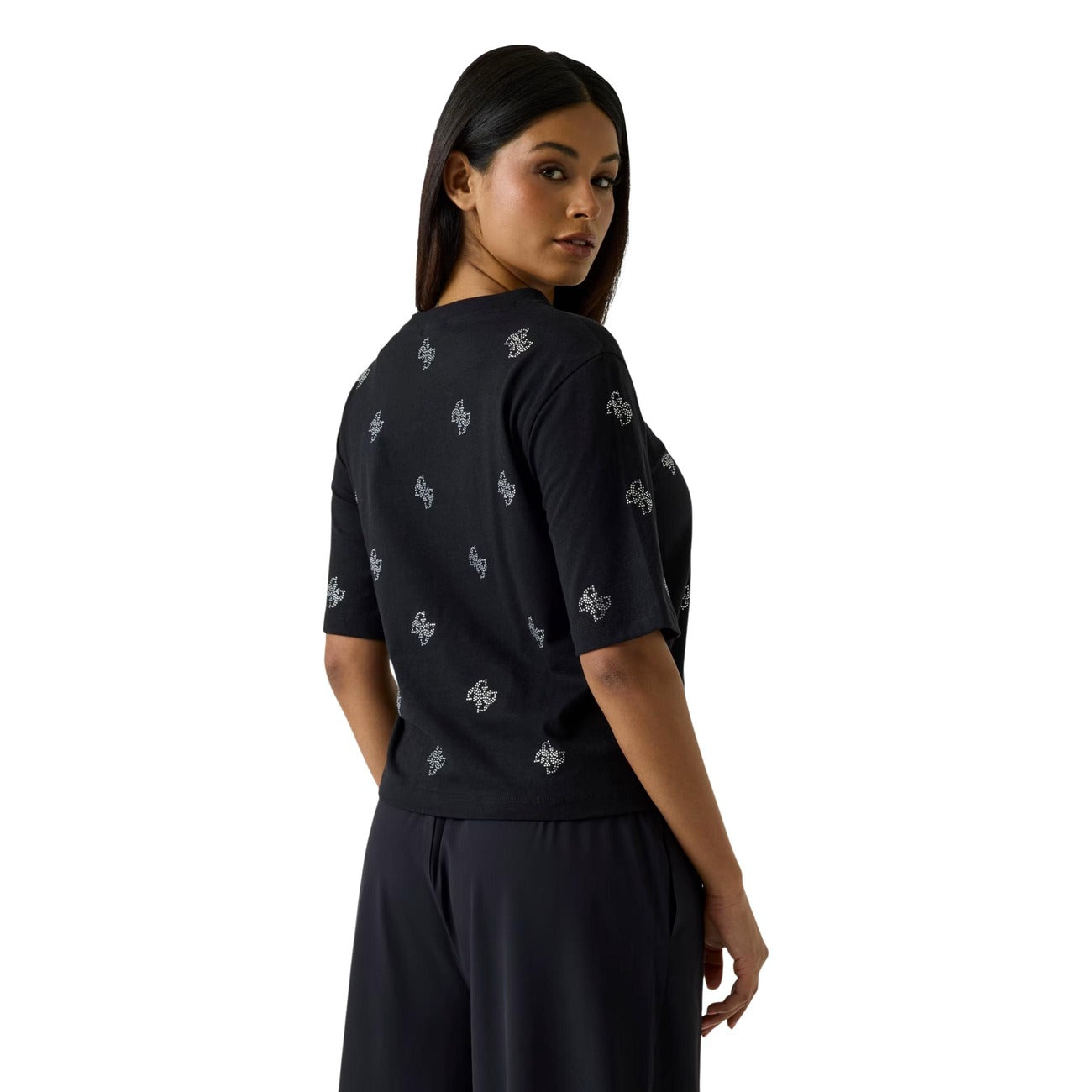 Guess T Shirt Donna Nero Cotone Manica Corta Scollo Tondo Con Strass