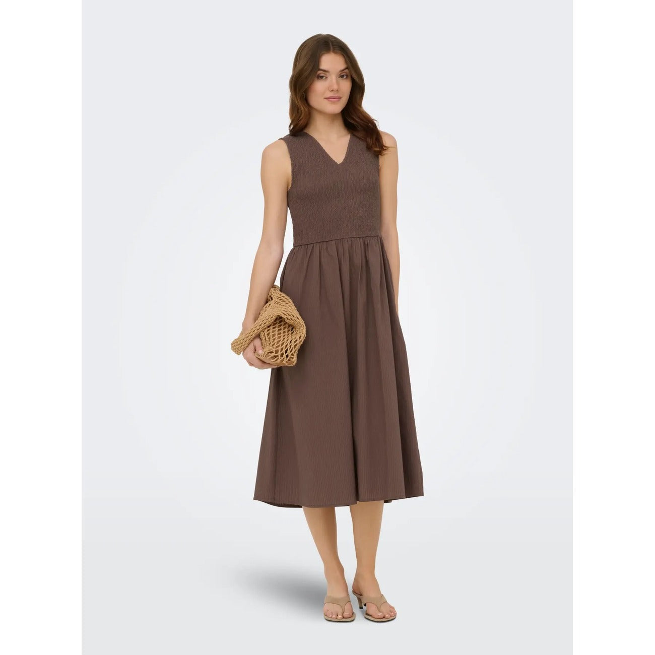 Only Abito Donna Cotone Smanicato Scollo A V Marrone Primavera Estate