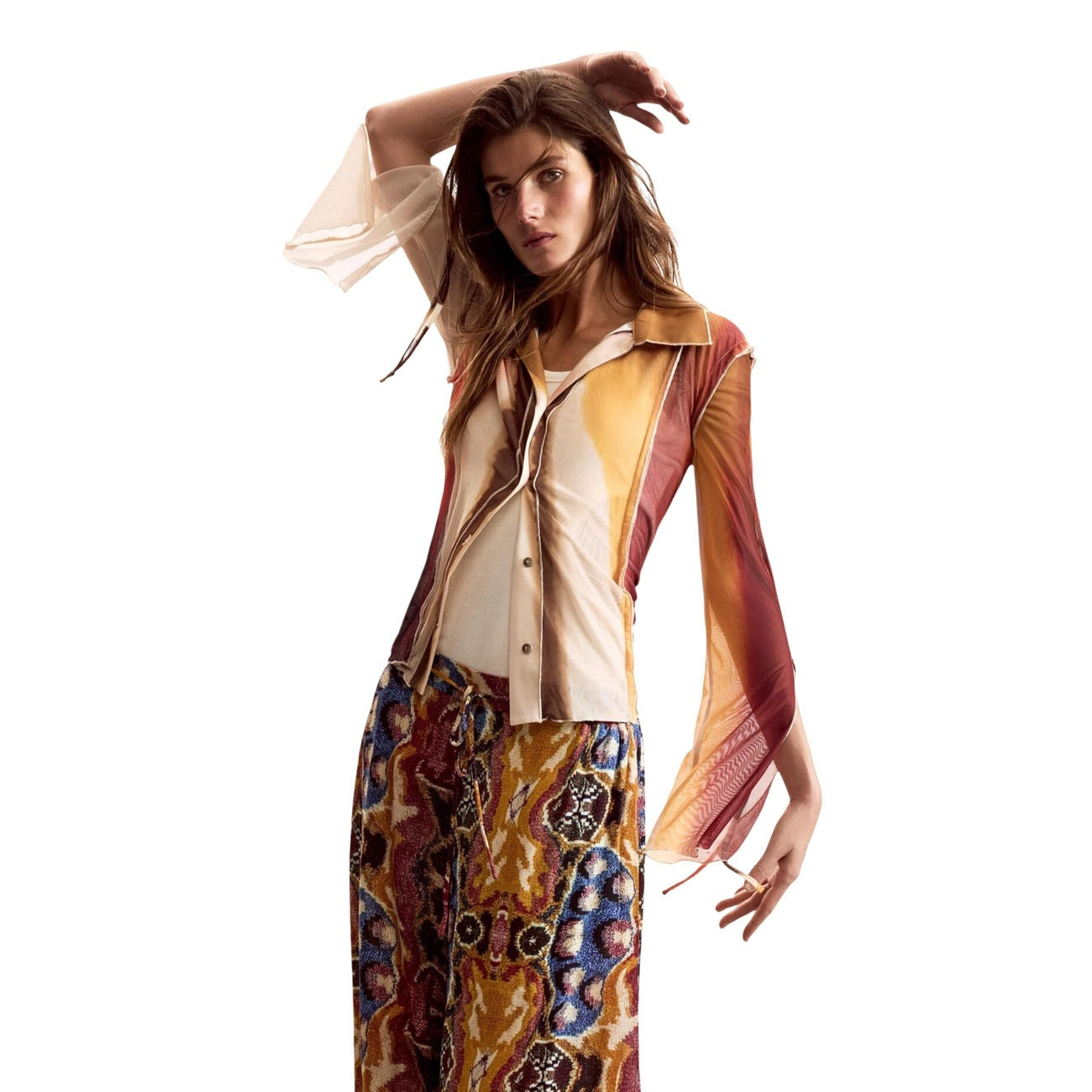Desigual Camicia Donna Beige Fantasia Colorata Maniche Lunghe Primavera Estate