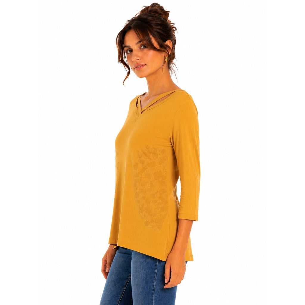 Desigual Blusa Donna Viscosa Gialla Maniche Tre Quarti Scollo a V