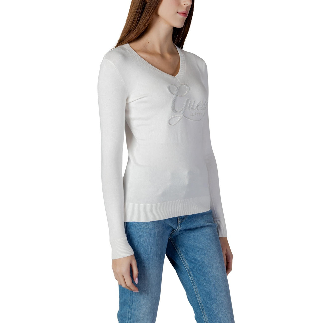 Guess Maglia Donna Beige Maniche Lunghe Scollo A V Con Strass