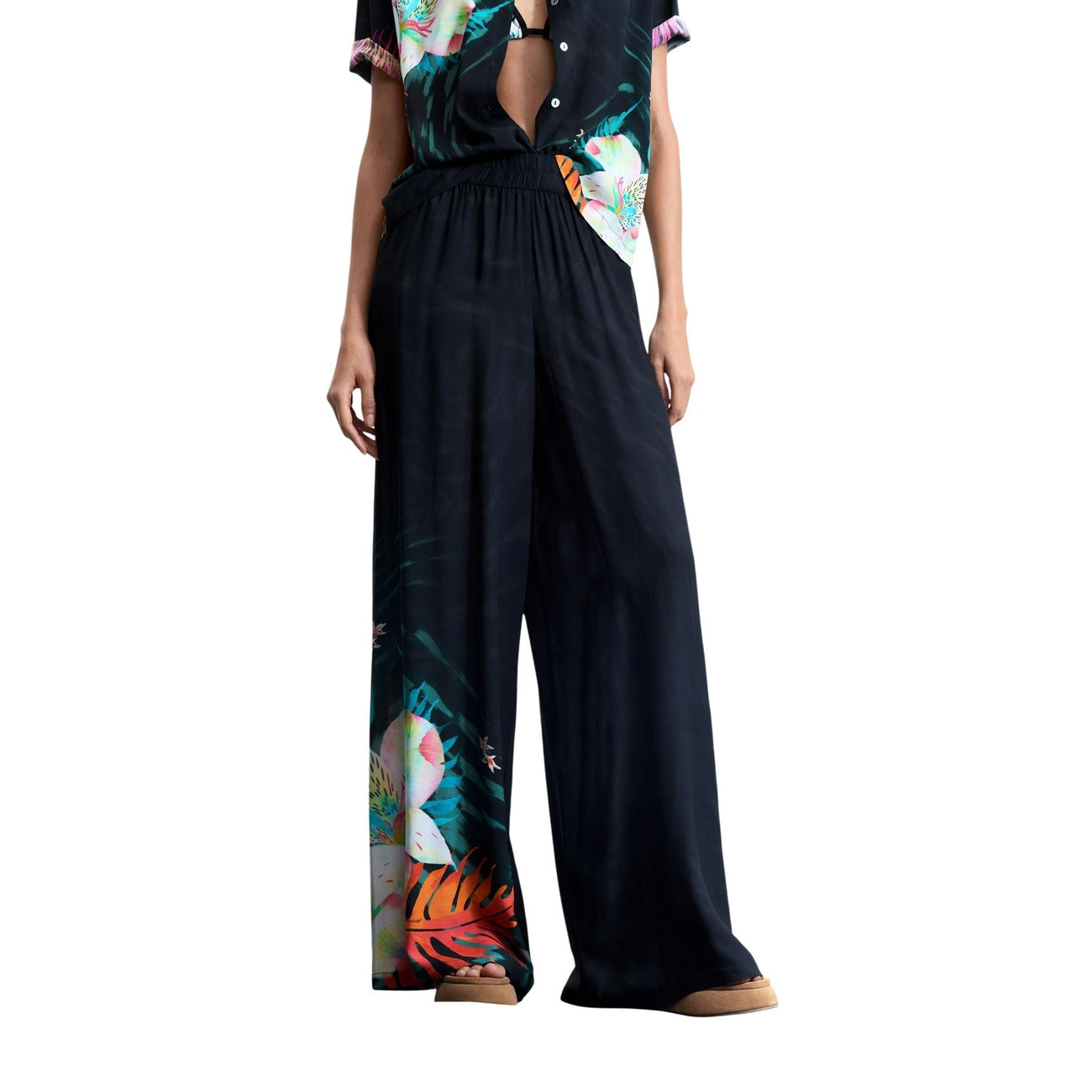 Desigual Pantaloni Donna Viscosa Nero Fantasia Floreale Primavera Estate