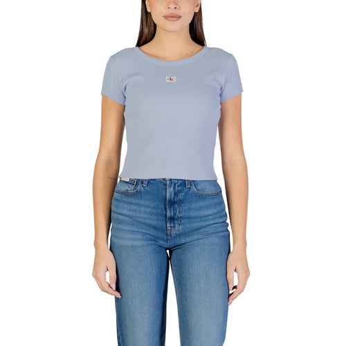 Calvin Klein Jeans T Shirt Donna Blu Maniche Corte Scollo Tondo Cotone Elastan