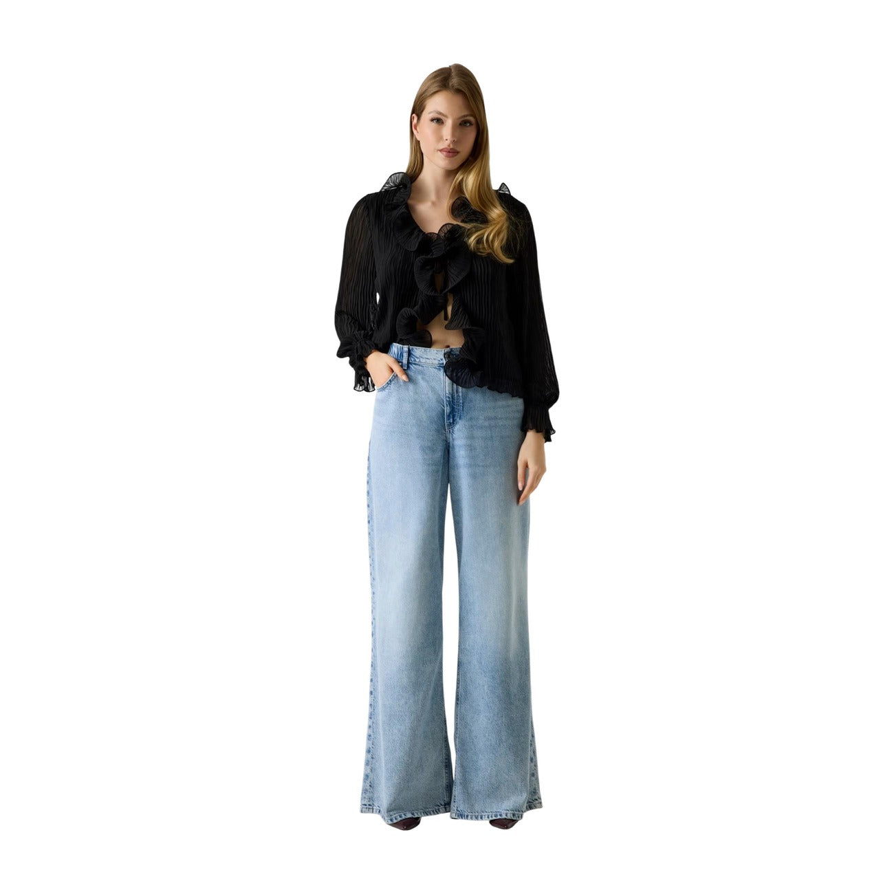 Guess Jeans Donna Wide Loose Vita Media Azzurro Tencel Lyocell