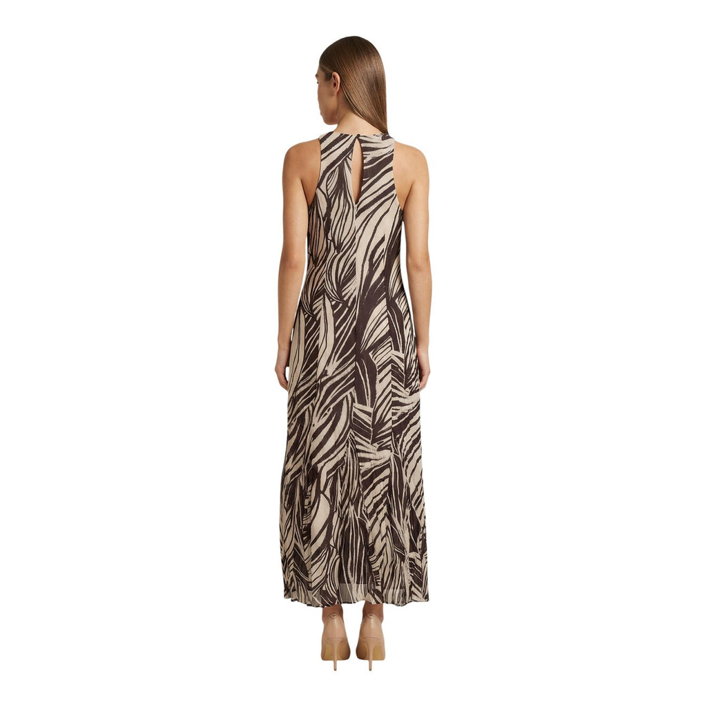 Guess Abito Long Dress Donna Smanicato In Mesh Marrone Stampato Primavera Estate