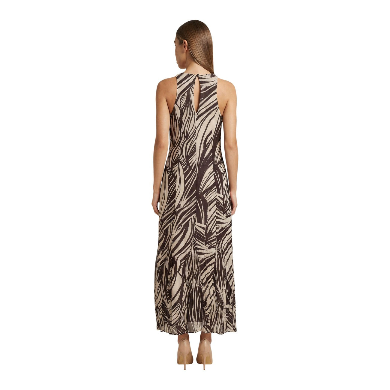 Guess Abito Long Dress Donna Smanicato In Mesh Marrone Stampato Primavera Estate