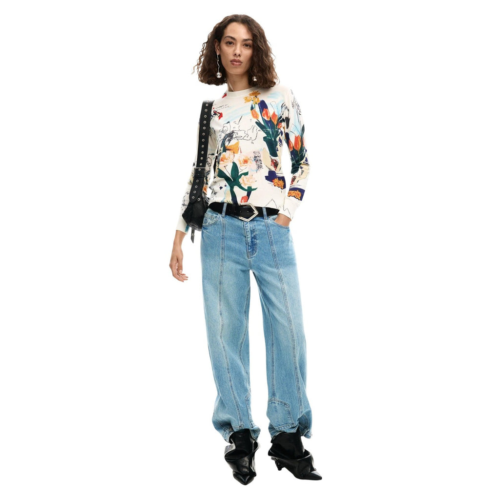 Desigual Maglia Donna Beige Stampa Maniche Lunghe Scollo Tondo Primavera Estate