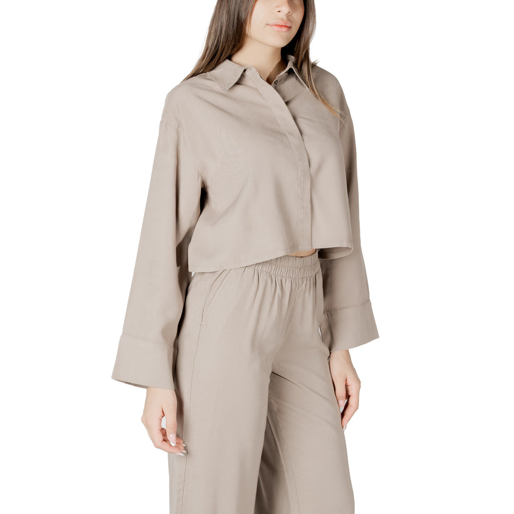 Only Blouse Donna Beige Maniche Lunghe Colletto Classico Viscosa