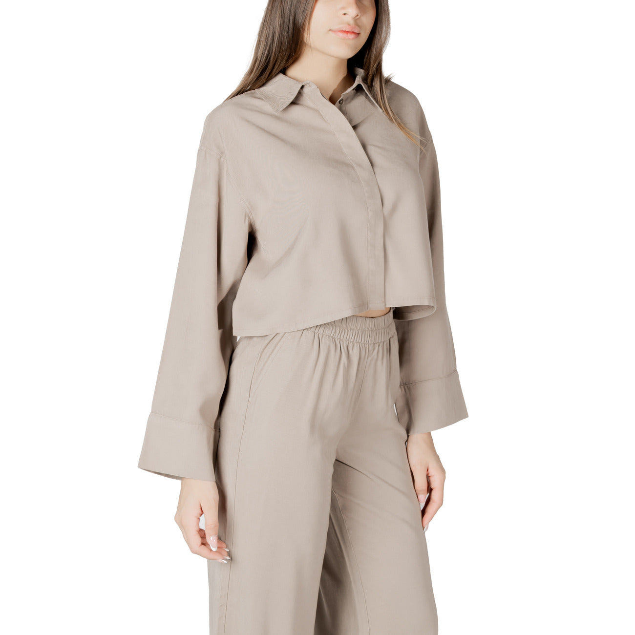 Only Blouse Donna Beige Maniche Lunghe Colletto Classico Viscosa