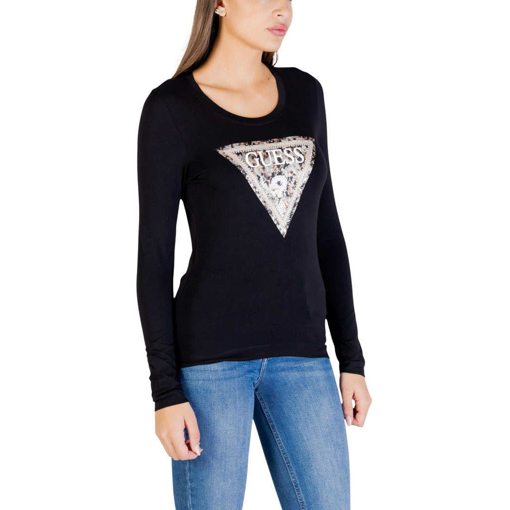 Guess T Shirt Donna Nero Stampa Logo Triangolo Maniche Lunghe