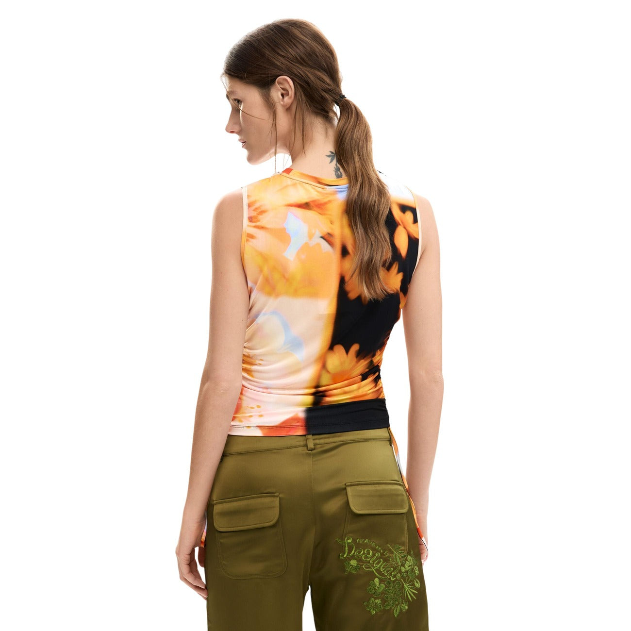 Desigual Top Donna Floreale Arancione Smanicato Scollo Tondo Primavera Estate