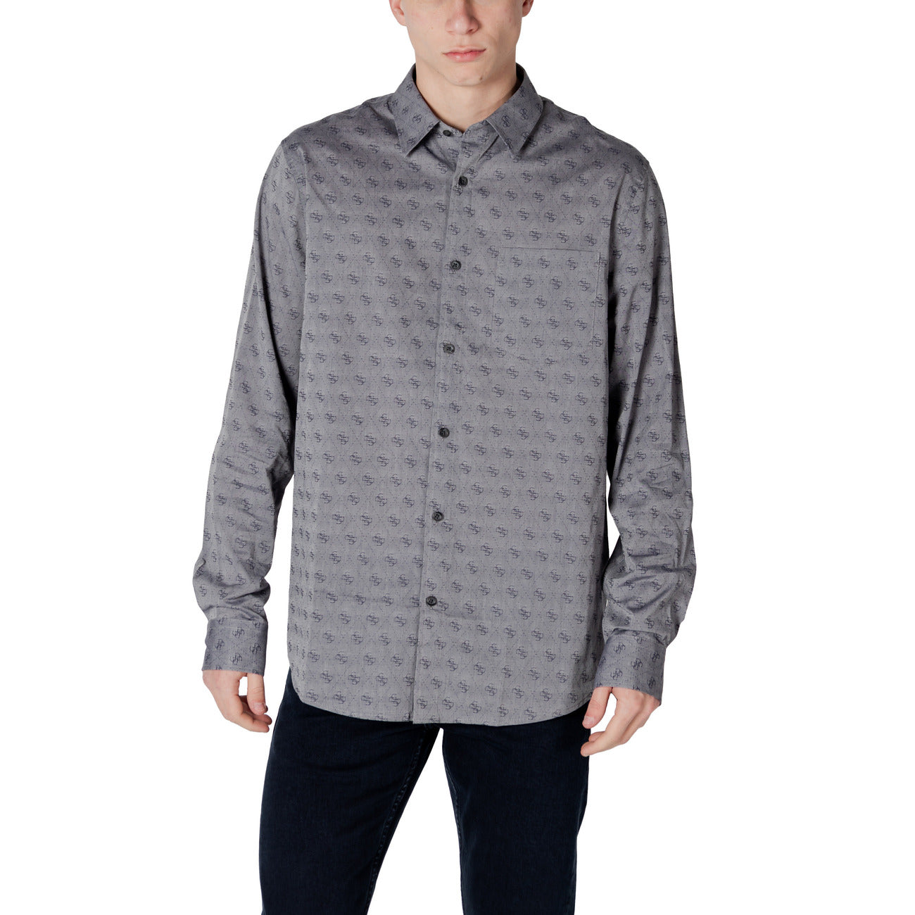 Guess Camicia Uomo Grigia Stampa Maniche Lunghe Colletto Classico