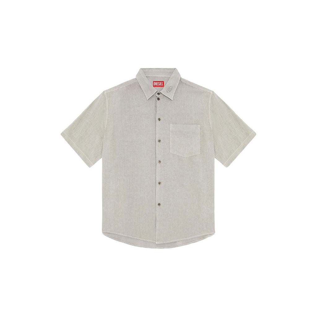 Diesel Camicia Uomo Beige Cotone Puro Maniche Corte Colletto Classico Tasca