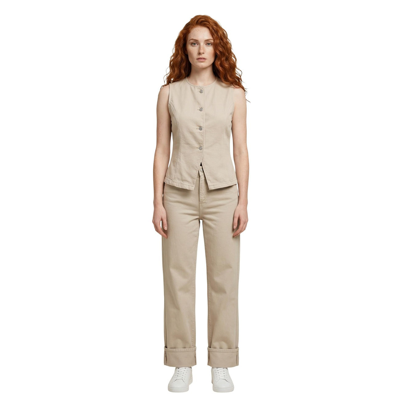 Only Jeans Donna Beige In 100 Cotone Vita Media Con Tasche E Zip