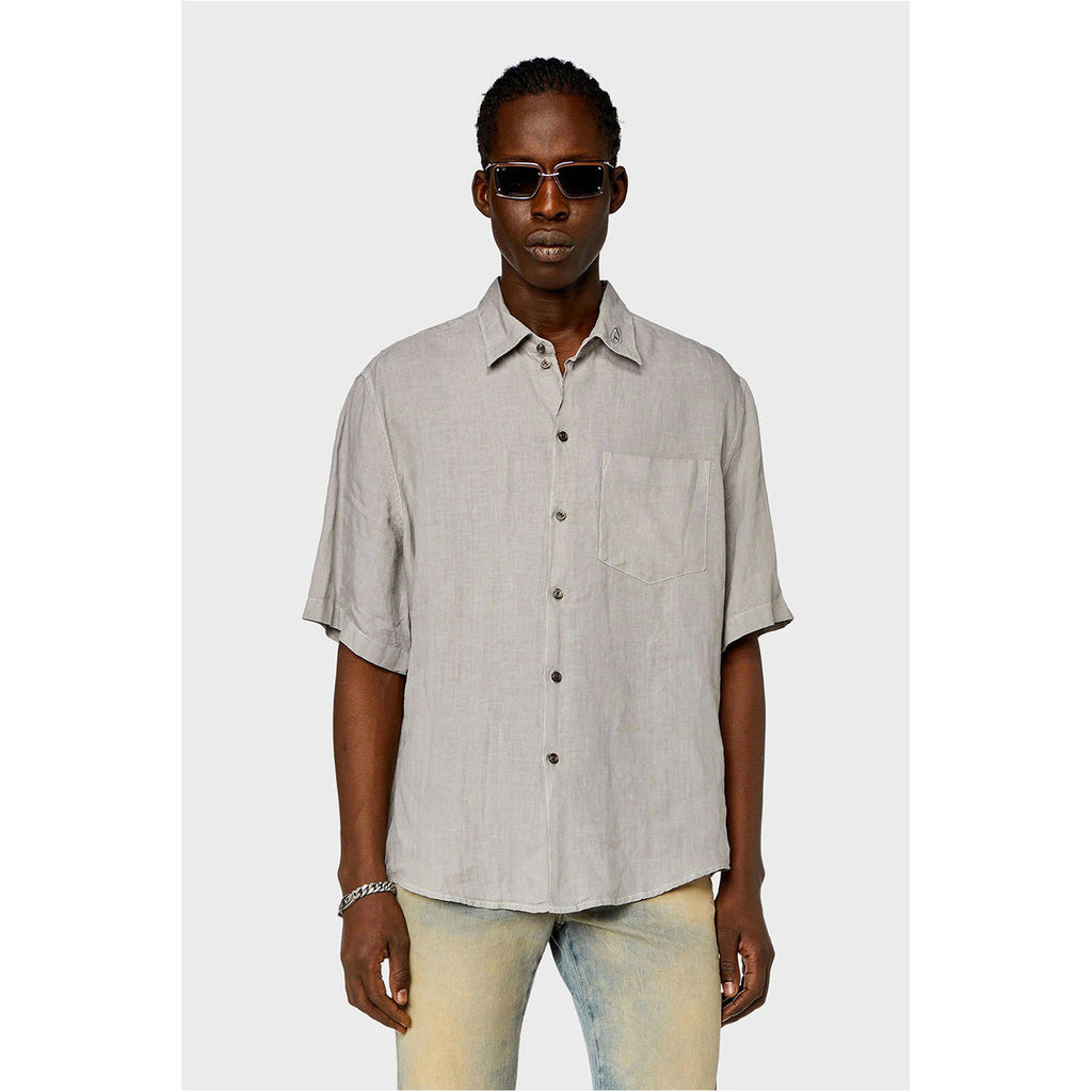 Diesel Camicia Uomo Beige Cotone Puro Maniche Corte Colletto Classico Tasca