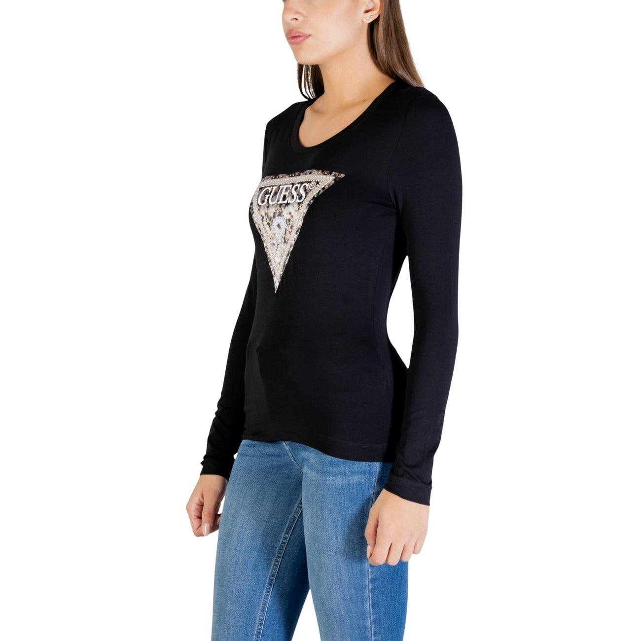 Guess T Shirt Donna Nero Stampa Logo Triangolo Maniche Lunghe