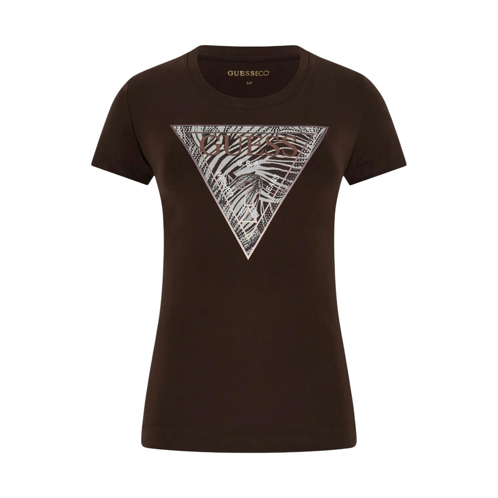 Guess T Shirt Donna Marrone Con Stampa E Strass Scollo Tondo Cotone 95