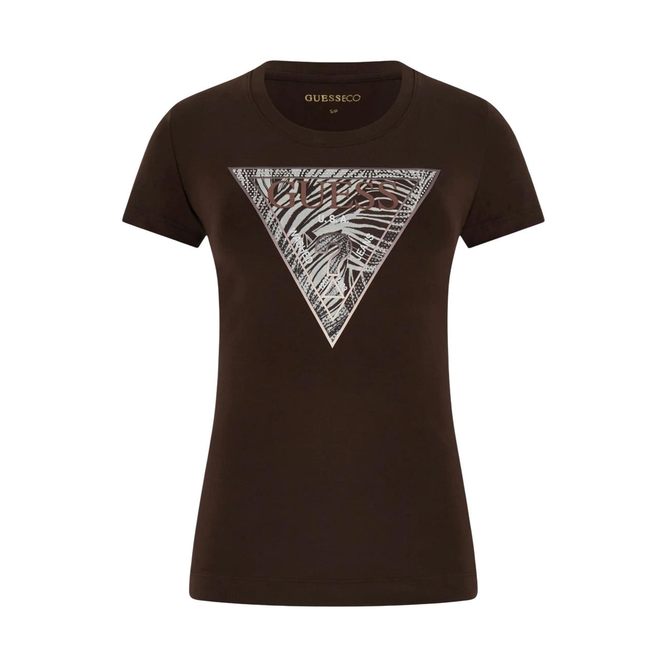 Guess T Shirt Donna Marrone Con Stampa E Strass Scollo Tondo Cotone 95