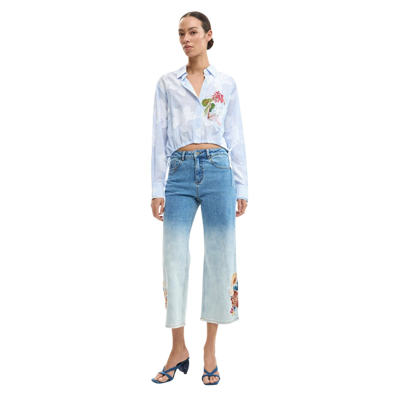 Desigual Camicia Donna Floreale Azzurro Cotone Puro Maniche Lunghe