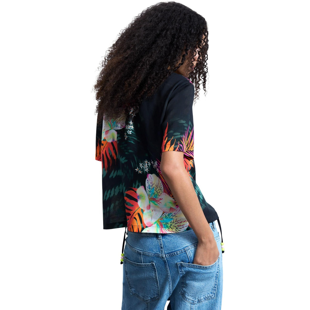 Desigual Camicia Donna Viscosa Nero Floreale Maniche Corte Scollo A V