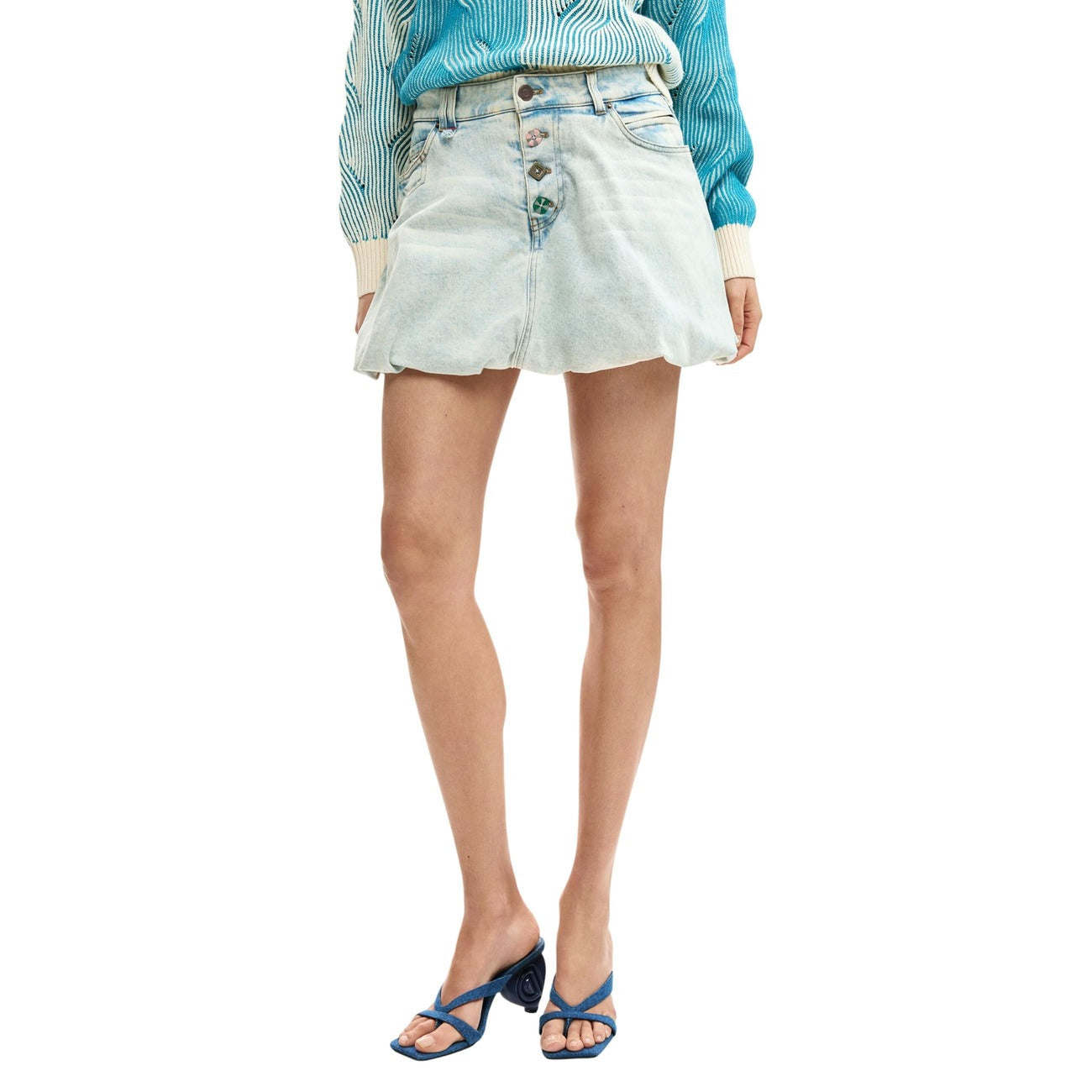 Desigual Gonna Donna Azzurra Cotone Con Bottoni E Tasche Primavera Estate