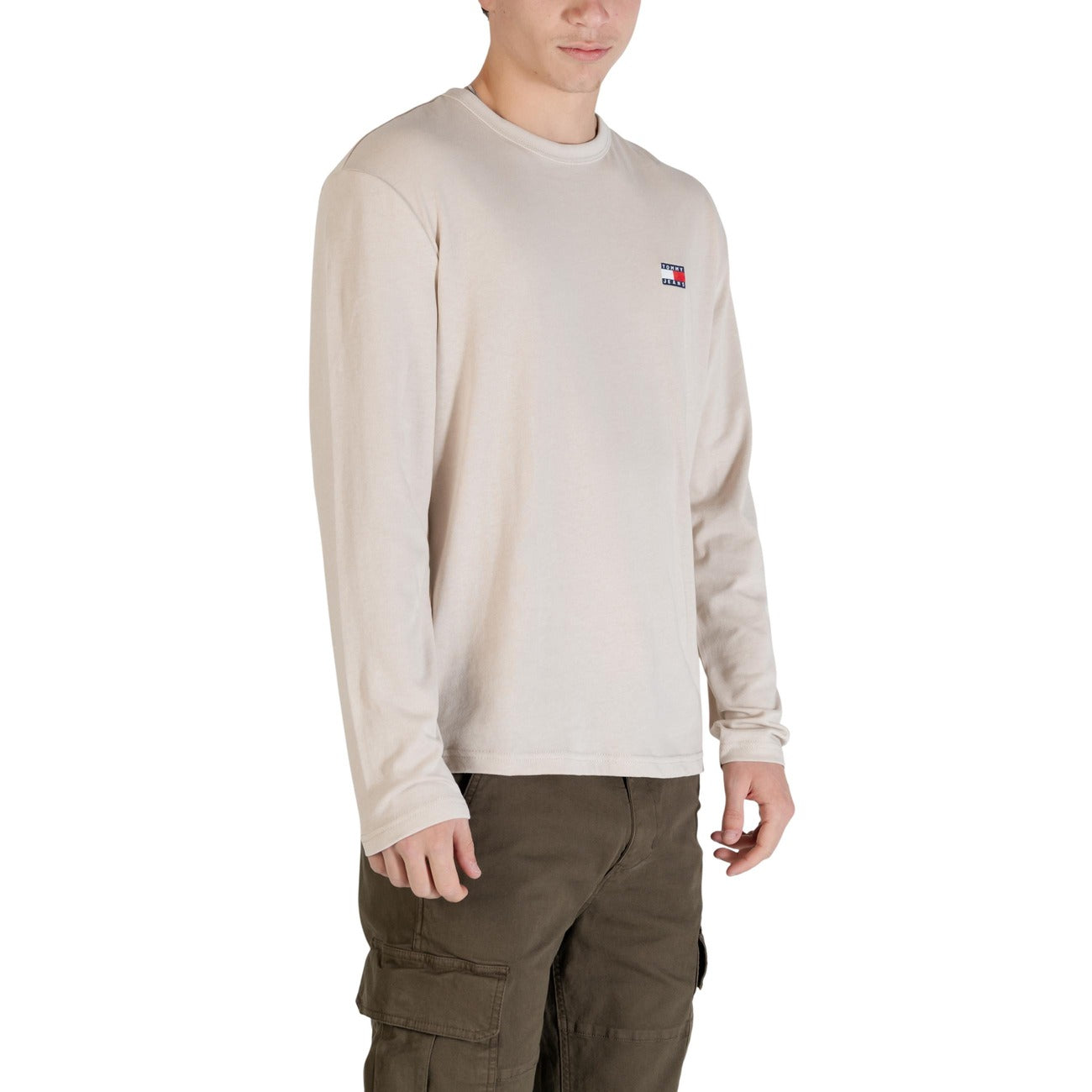 Tommy Hilfiger Jeans T Shirt Uomo Maniche Lunghe Beige Cotone Organico