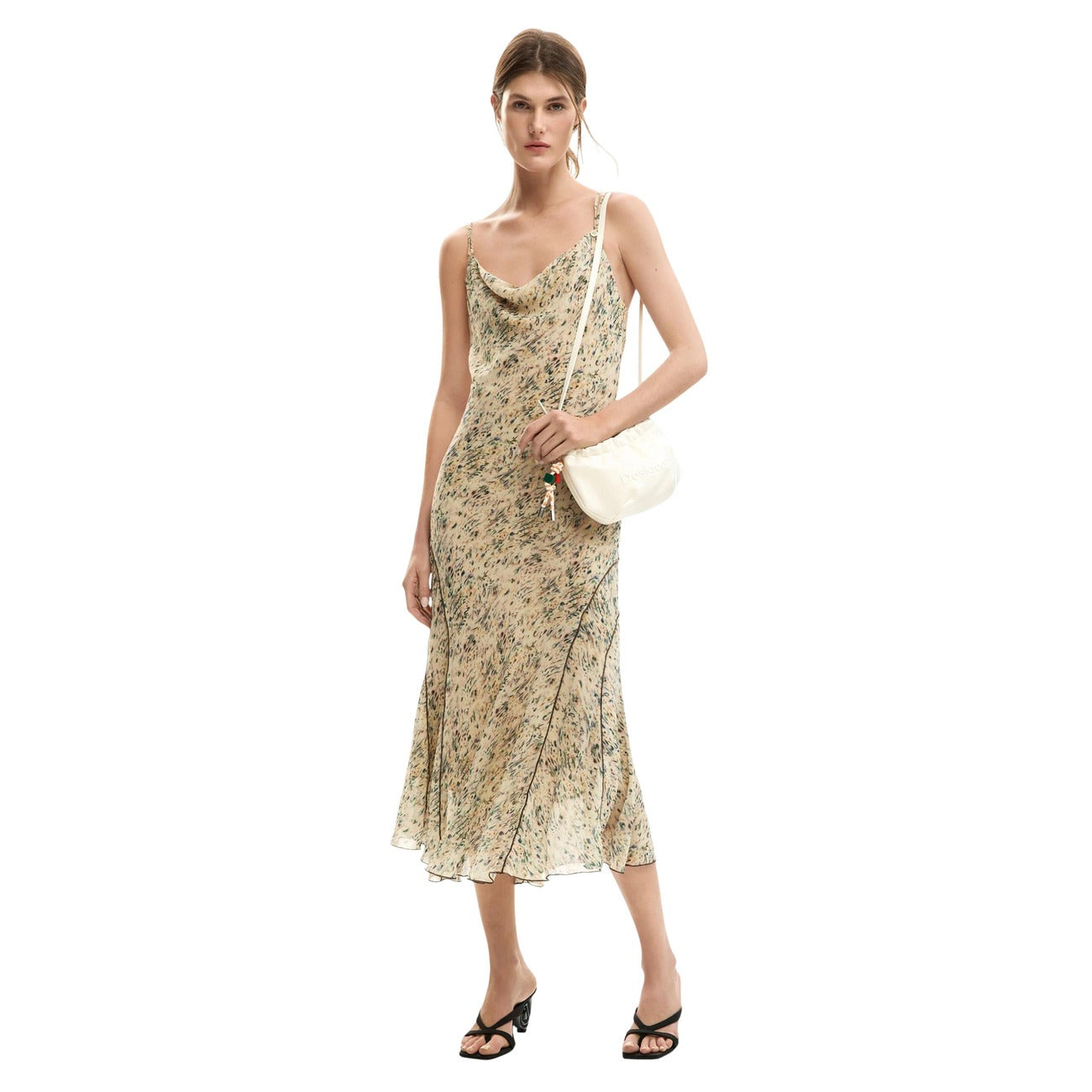 Desigual Abito Donna Beige Scollo A V Spalline Primavera Estate