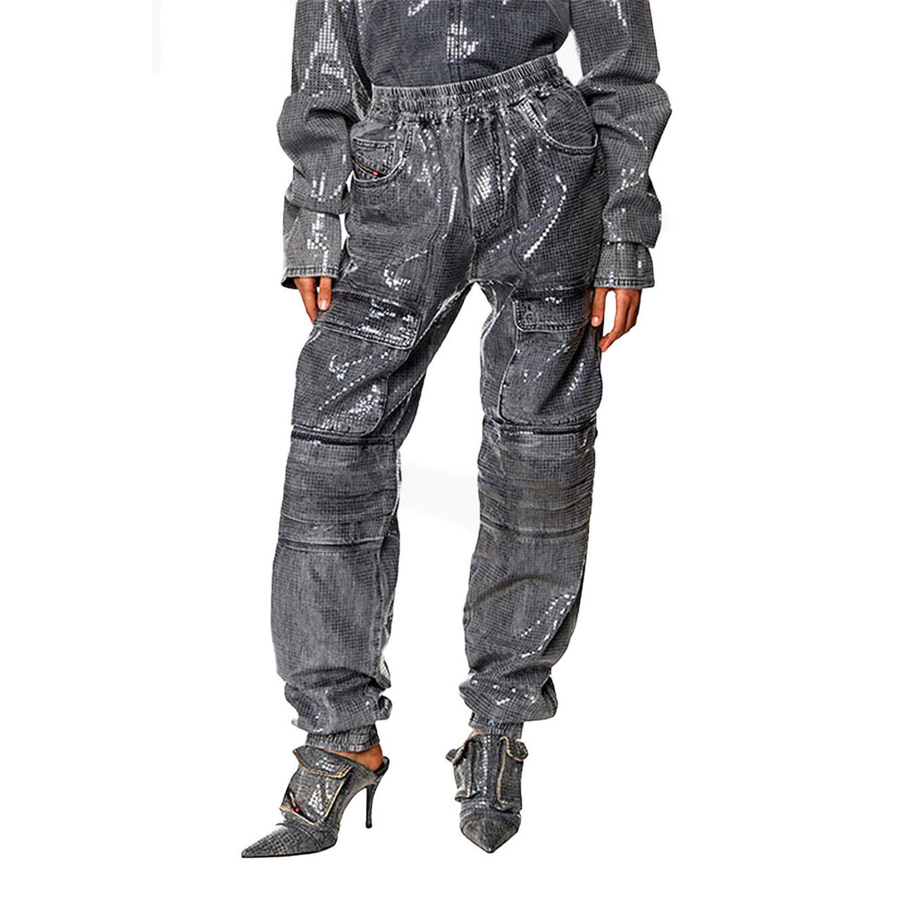 Diesel Pantaloni Donna Puro Cotone Grigio Primavera Estate Con Tasche