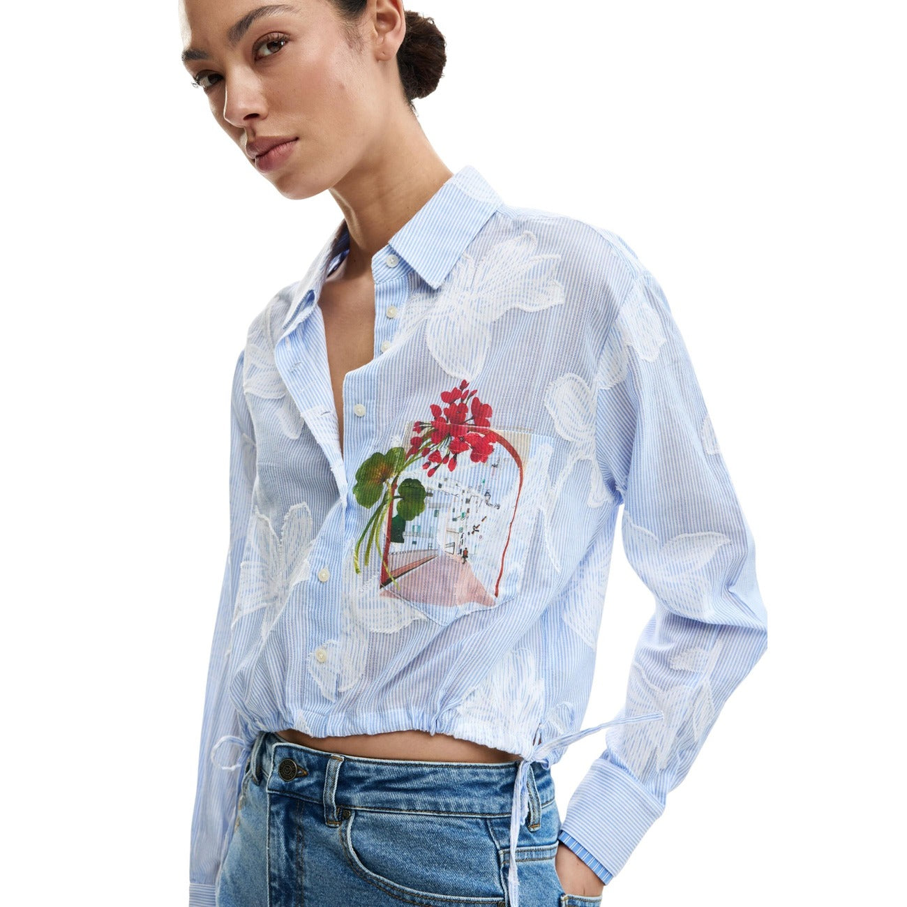 Desigual Camicia Donna Floreale Azzurro Cotone Puro Maniche Lunghe