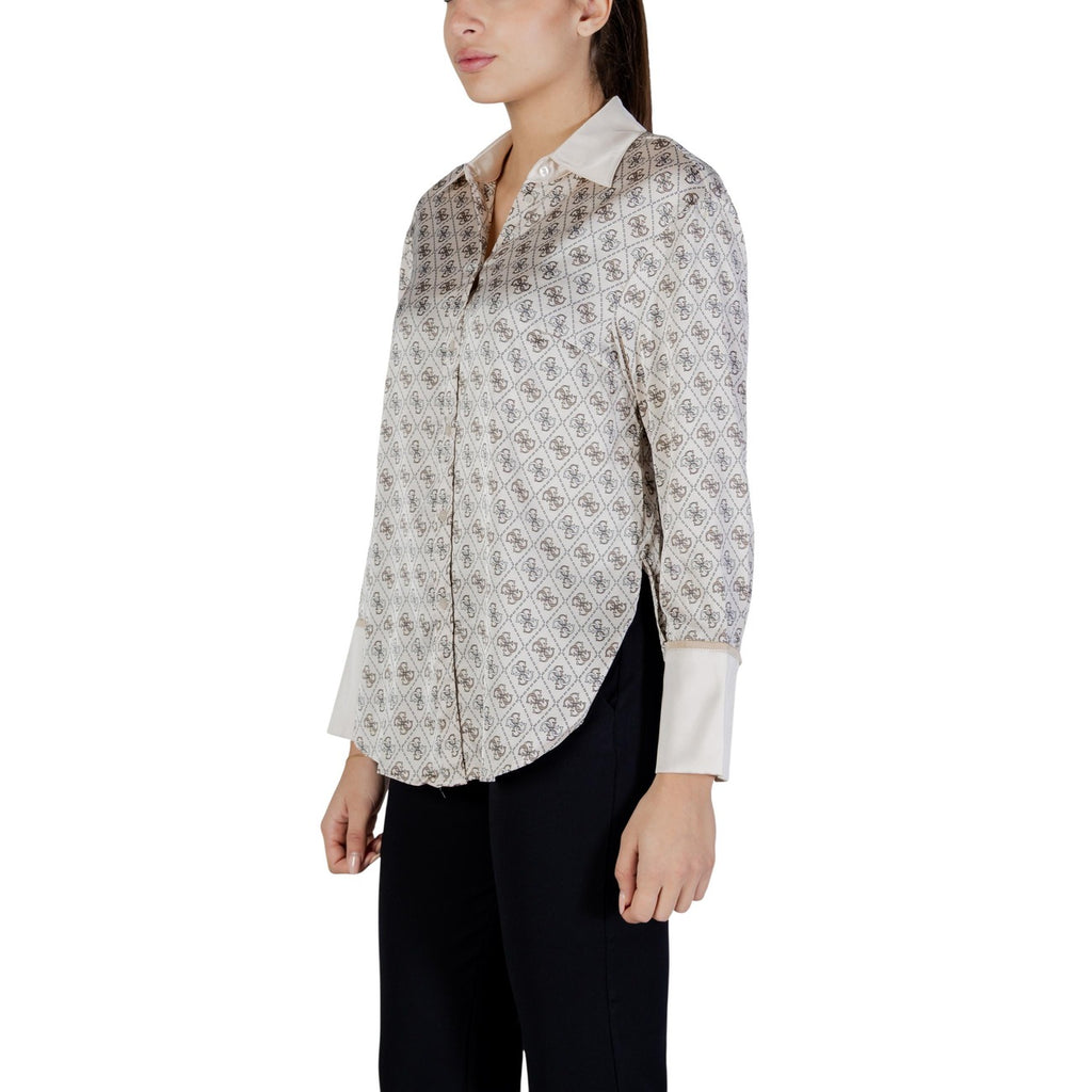 Guess Camicia Donna Beige Stampa Maniche Lunghe Colletto Primavera Estate