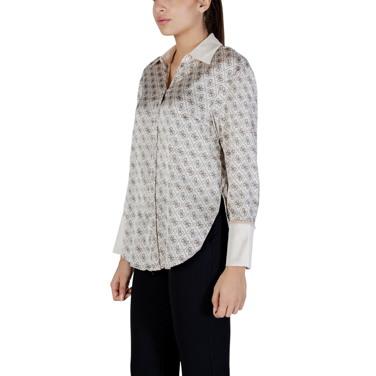 Guess Camicia Donna Beige Stampa Maniche Lunghe Colletto Primavera Estate